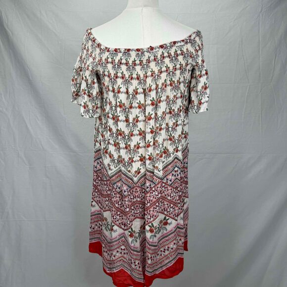 Aqua Floral Smocked Tunic Dress Off Shoulder Knee Length Small Bohemian Relaxed - Picture 7 of 12